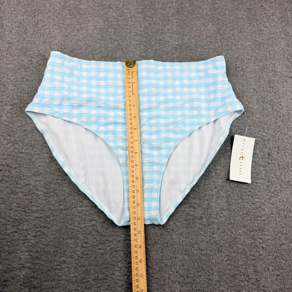 True Craft Gingham Women's XL High‎ Waist Bikini Bottoms Light Blue TCGHP243